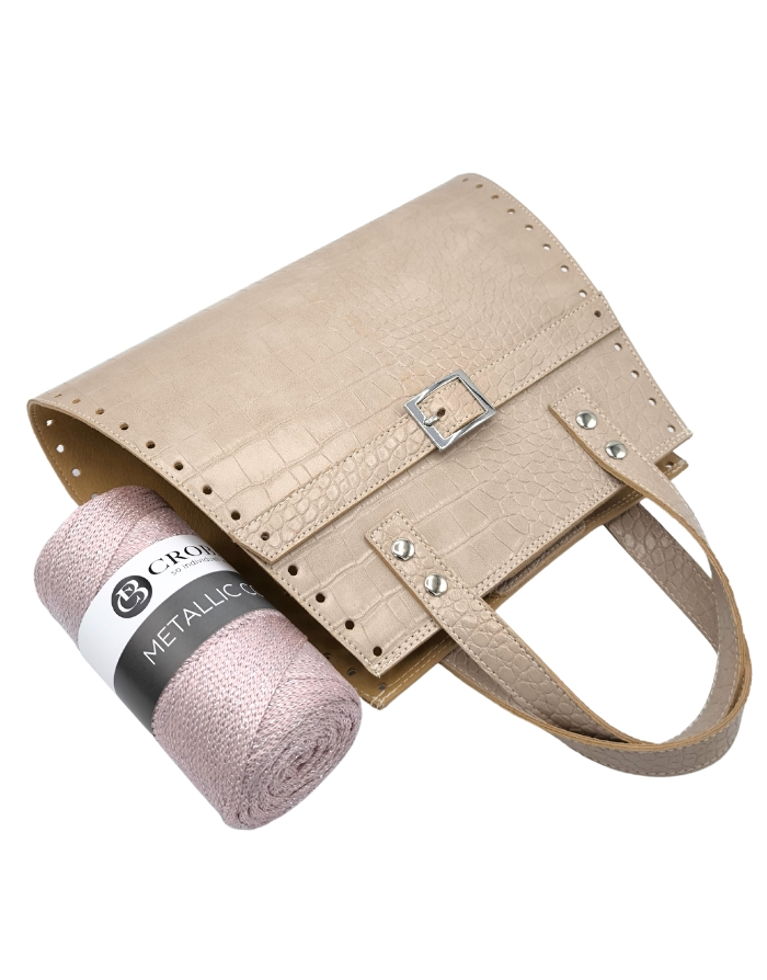Häkelset für Tasche Maggy in kroko beige mit Metallic Cord Garn