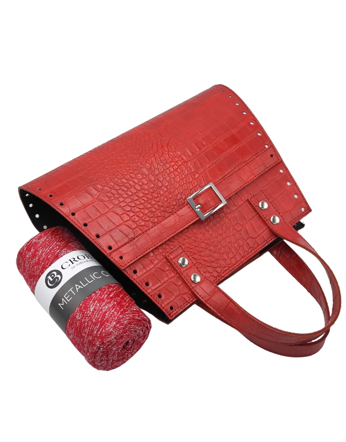 Häkelset für Tasche Maggy in kroko rot mit Metallic Cord Garn